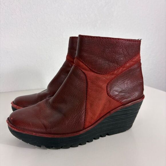 Fly London Red Leather Mid Calf Wedge Booties Size 8-8.5 - Picture 3 of 10